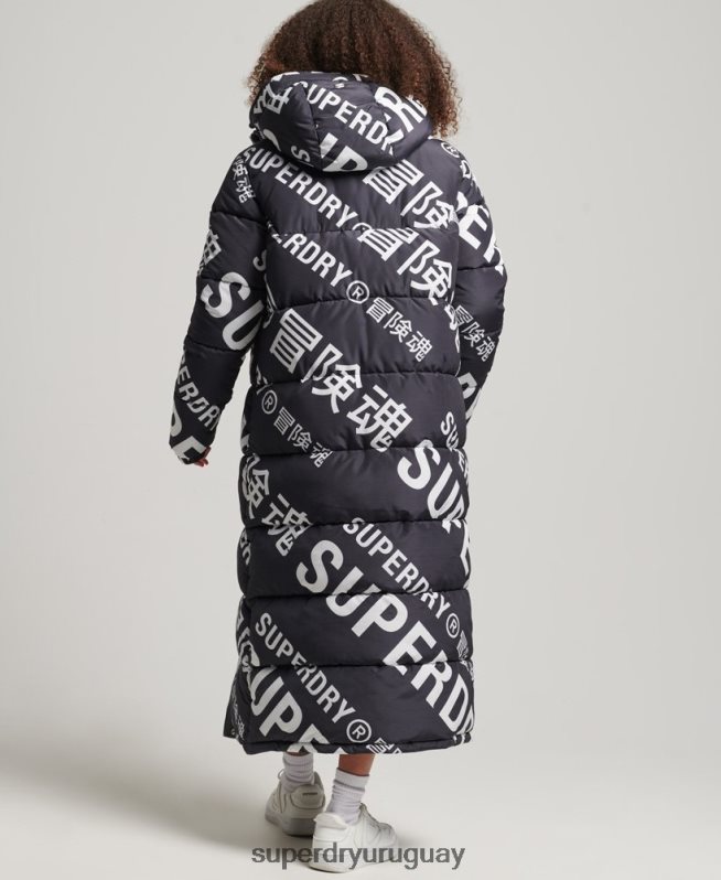 uy Superdry mujer chamarra acolchada larga con estampado completo negro DT2N8Z5653 ropa