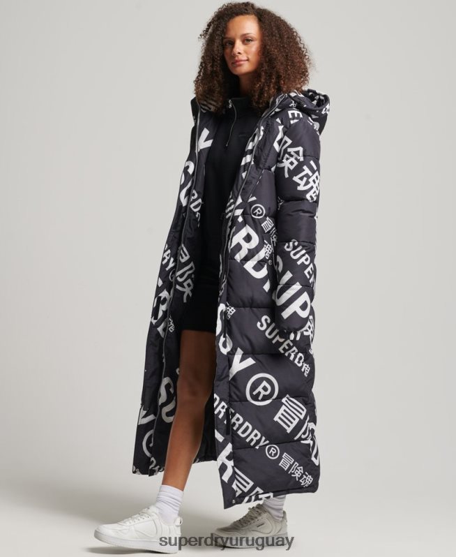 uy Superdry mujer chamarra acolchada larga con estampado completo negro DT2N8Z5653 ropa