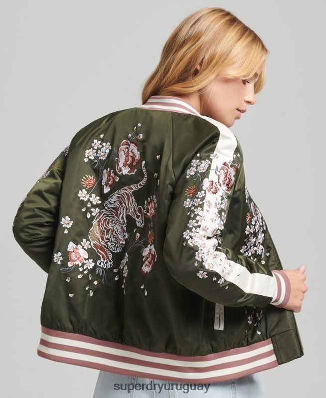 uy Superdry mujer chamarra bomber con bordado sukajan verde DT2N8Z5660 ropa