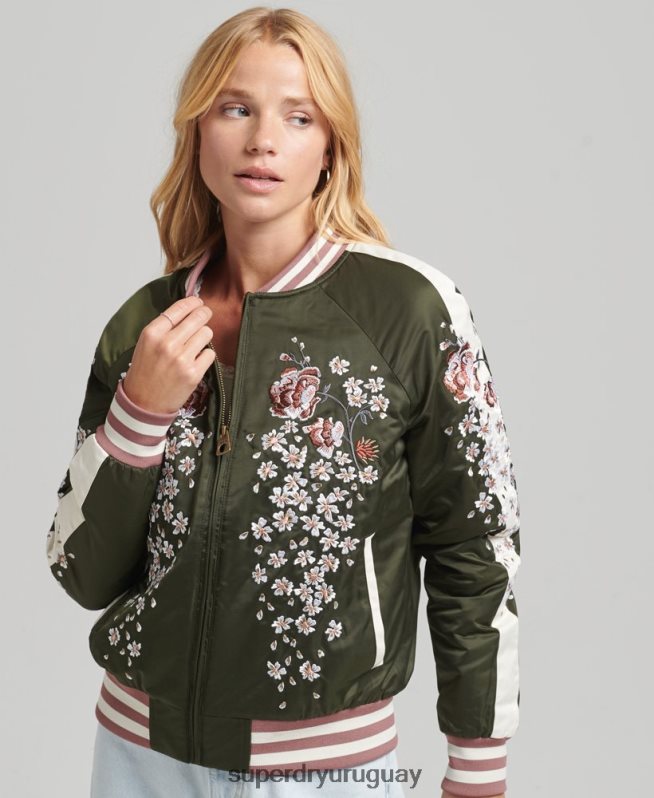 uy Superdry mujer chamarra bomber con bordado sukajan verde DT2N8Z5660 ropa