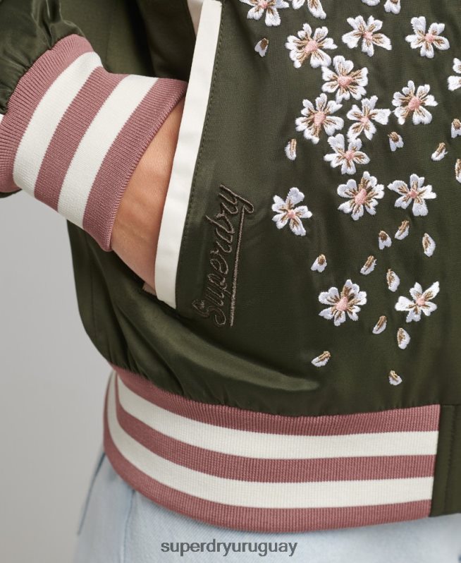 uy Superdry mujer chamarra bomber con bordado sukajan verde DT2N8Z5660 ropa