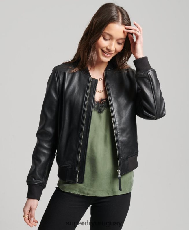 uy Superdry mujer chamarra bomber de cuero de estudio negro DT2N8Z3838 ropa