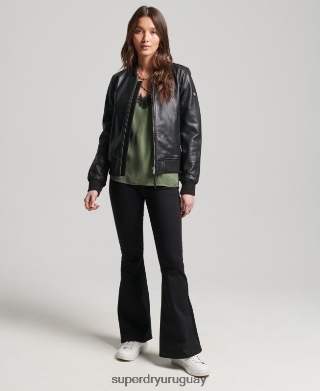 uy Superdry mujer chamarra bomber de cuero de estudio negro DT2N8Z3838 ropa