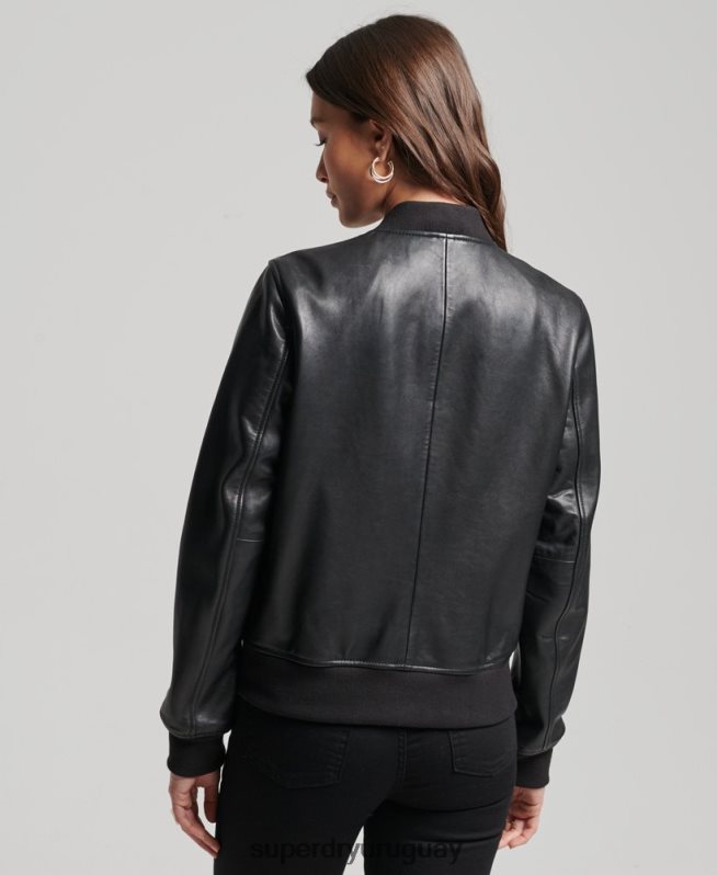 uy Superdry mujer chamarra bomber de cuero de estudio negro DT2N8Z3838 ropa
