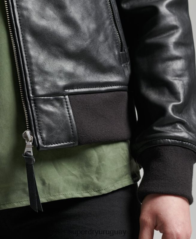 uy Superdry mujer chamarra bomber de cuero de estudio negro DT2N8Z3838 ropa