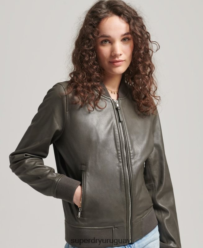 uy Superdry mujer chamarra bomber de cuero gris oscuro DT2N8Z5620 ropa