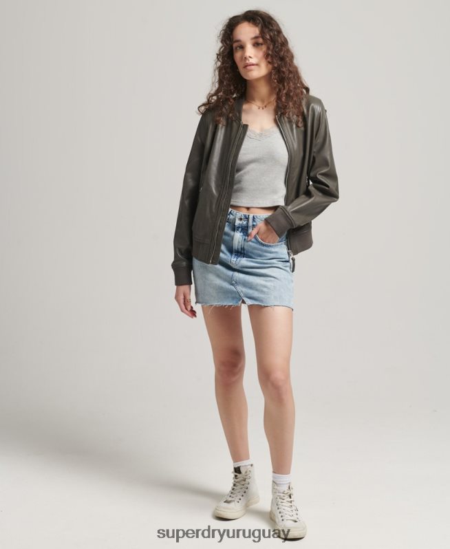 uy Superdry mujer chamarra bomber de cuero gris oscuro DT2N8Z5620 ropa