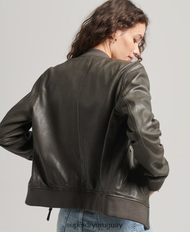 uy Superdry mujer chamarra bomber de cuero gris oscuro DT2N8Z5620 ropa