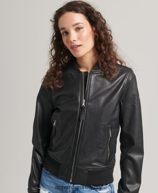 uy Superdry mujer chamarra bomber de cuero negro DT2N8Z5723 ropa