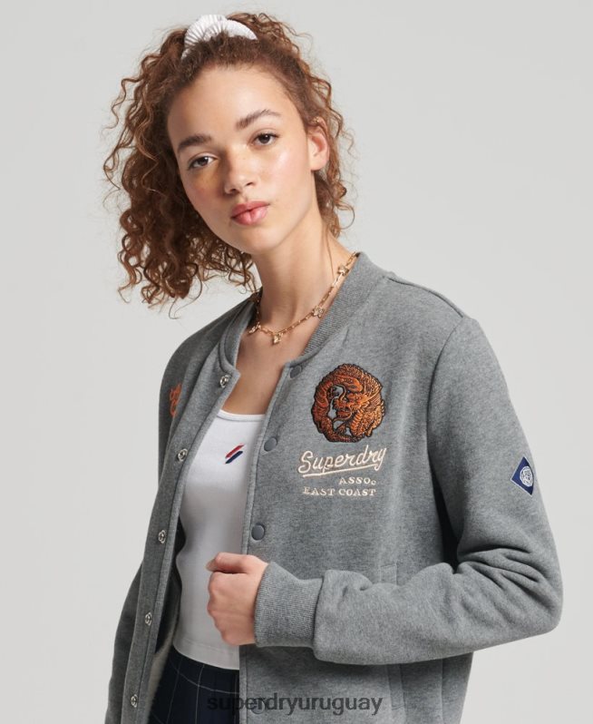 uy Superdry mujer chamarra bomber de jersey universitario gris DT2N8Z5881 ropa