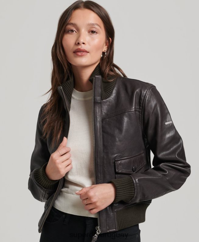 uy Superdry mujer chamarra bomber de piel con cuello de punto marrón DT2N8Z3546 ropa