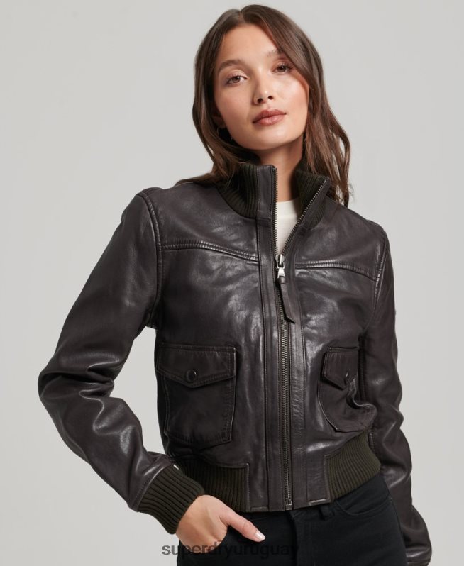 uy Superdry mujer chamarra bomber de piel con cuello de punto marrón DT2N8Z3546 ropa