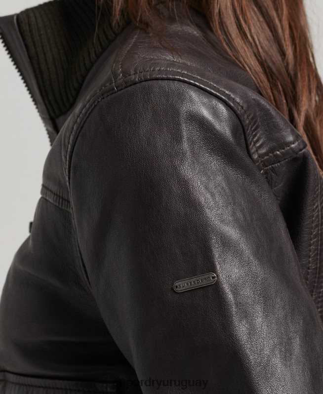 uy Superdry mujer chamarra bomber de piel con cuello de punto marrón DT2N8Z3546 ropa