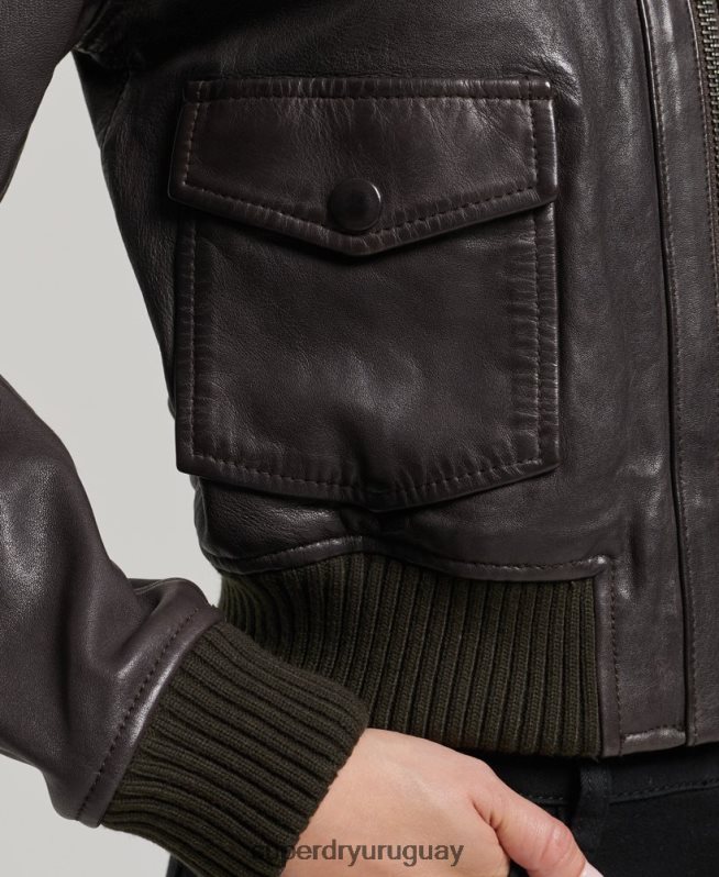 uy Superdry mujer chamarra bomber de piel con cuello de punto marrón DT2N8Z3546 ropa
