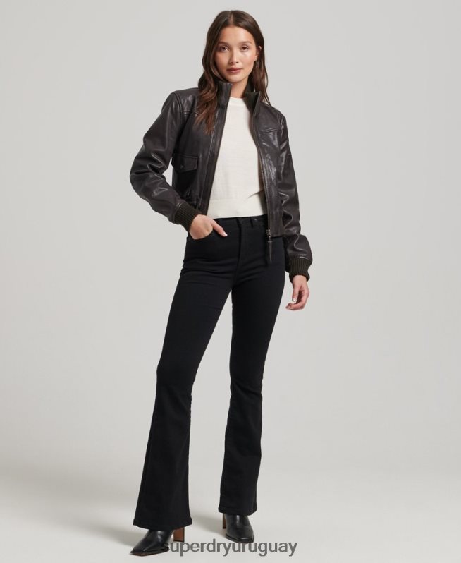 uy Superdry mujer chamarra bomber de piel con cuello de punto marrón DT2N8Z3546 ropa