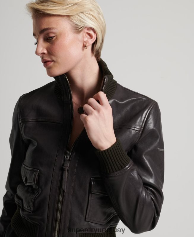uy Superdry mujer chamarra bomber de piel con cuello de punto marrón DT2N8Z3672 ropa