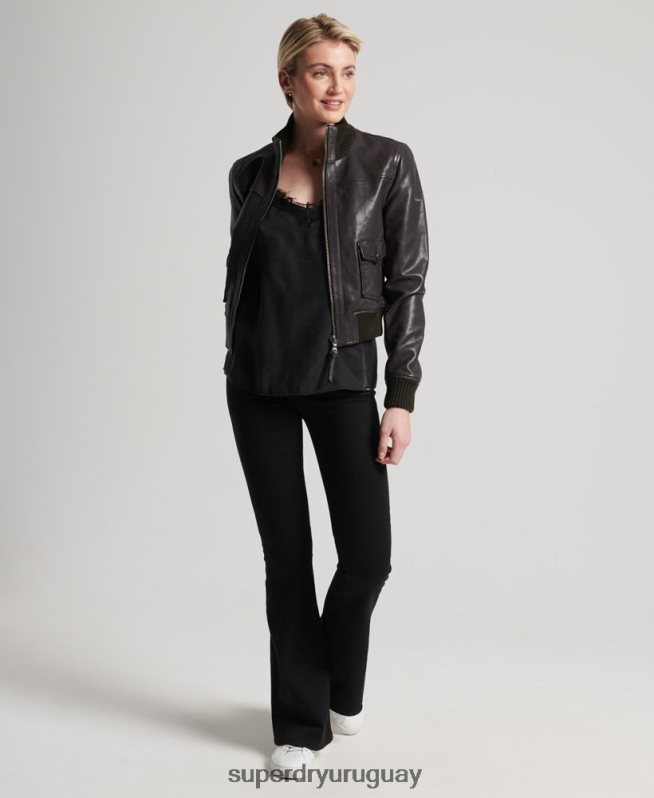 uy Superdry mujer chamarra bomber de piel con cuello de punto marrón DT2N8Z3672 ropa