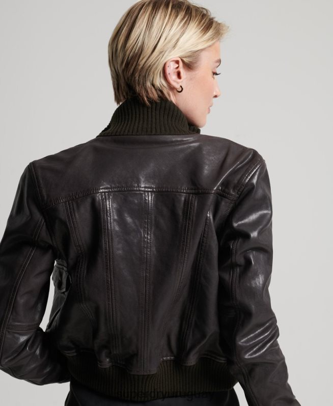 uy Superdry mujer chamarra bomber de piel con cuello de punto marrón DT2N8Z3672 ropa