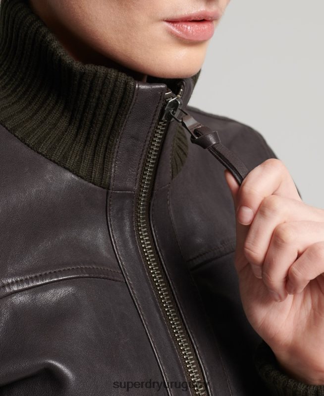 uy Superdry mujer chamarra bomber de piel con cuello de punto marrón DT2N8Z3672 ropa