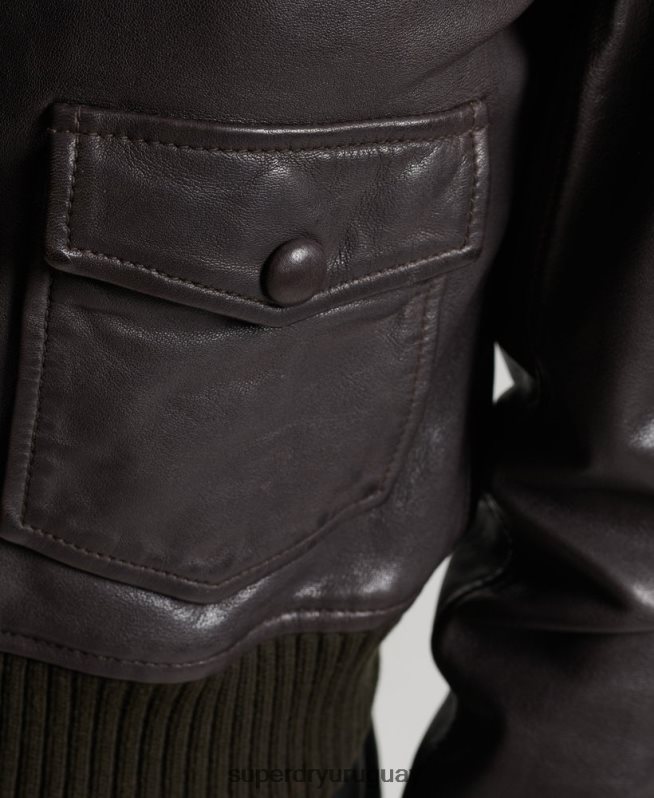uy Superdry mujer chamarra bomber de piel con cuello de punto marrón DT2N8Z3672 ropa