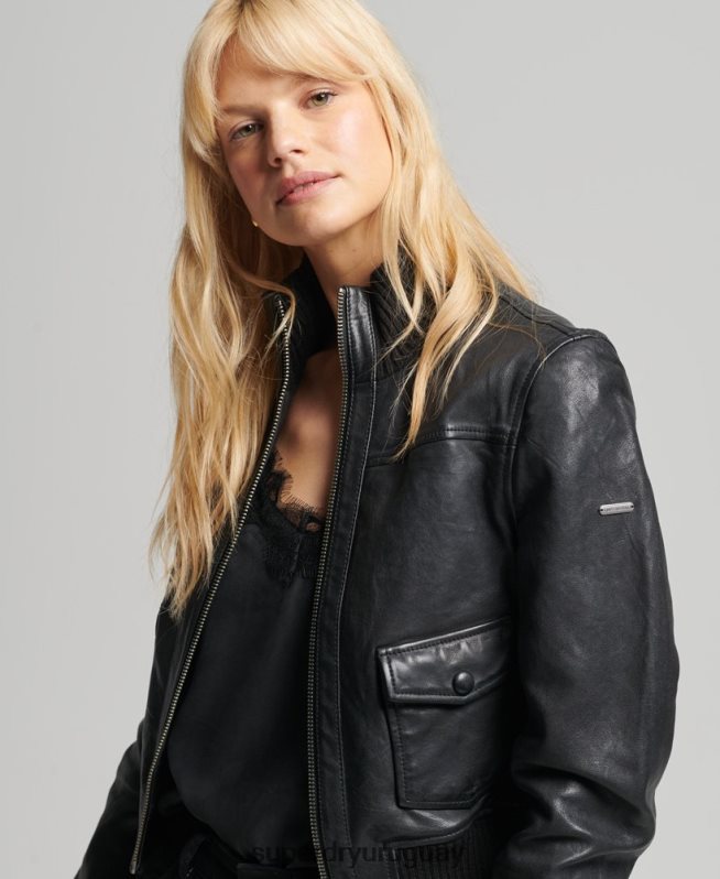 uy Superdry mujer chamarra bomber de piel con cuello de punto negro DT2N8Z3719 ropa