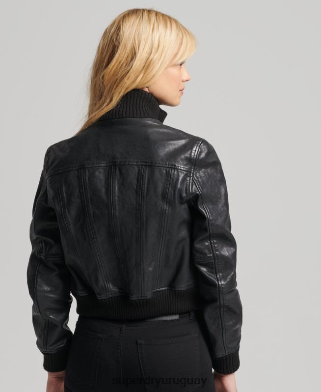 uy Superdry mujer chamarra bomber de piel con cuello de punto negro DT2N8Z3719 ropa