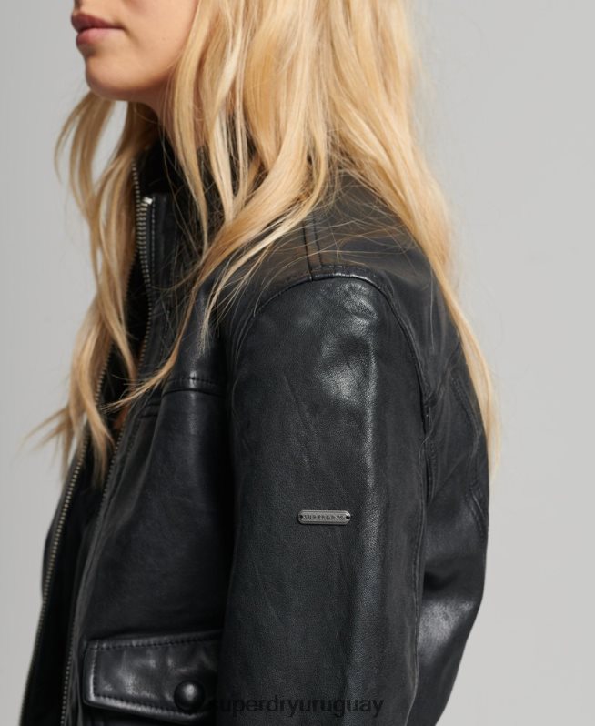 uy Superdry mujer chamarra bomber de piel con cuello de punto negro DT2N8Z3719 ropa