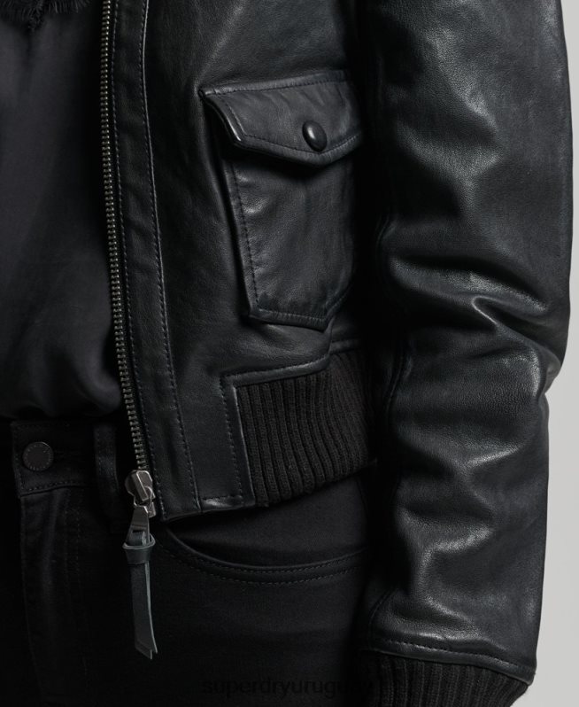 uy Superdry mujer chamarra bomber de piel con cuello de punto negro DT2N8Z3719 ropa