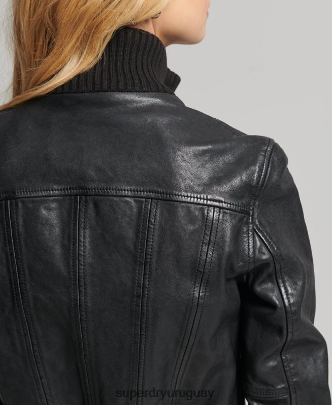 uy Superdry mujer chamarra bomber de piel con cuello de punto negro DT2N8Z3719 ropa