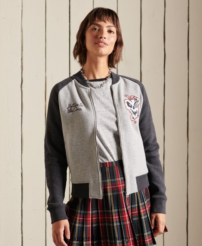 uy Superdry mujer chamarra bomber de punto con líneas cruzadas gris DT2N8Z5839 ropa