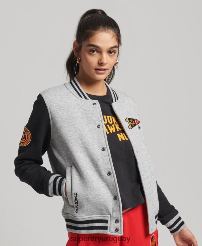 uy Superdry mujer chamarra de bombardero de jersey de béisbol universitario vintage gris DT2N8Z3754 ropa