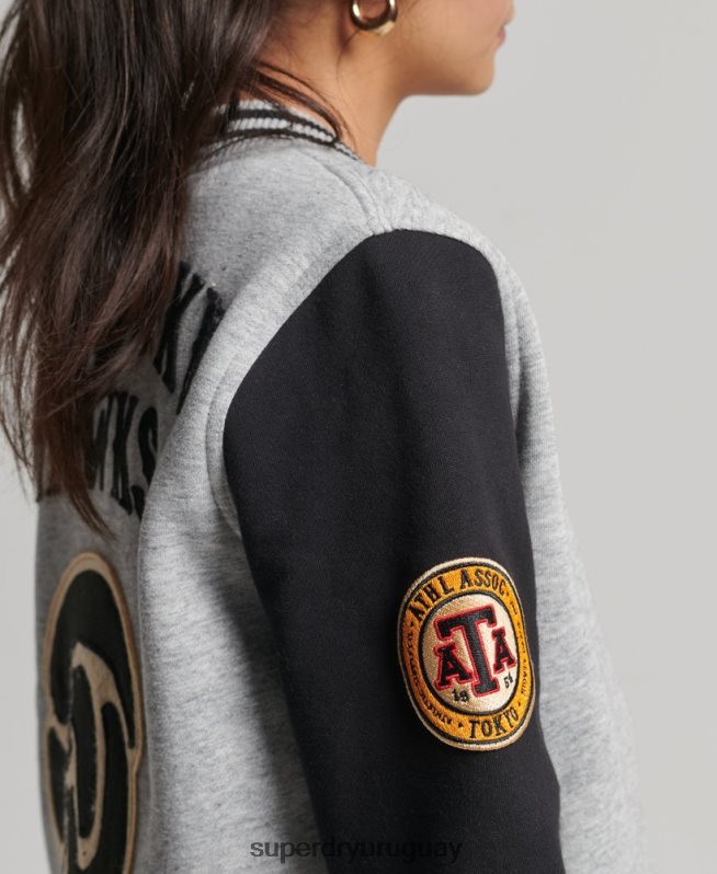 uy Superdry mujer chamarra de bombardero de jersey de béisbol universitario vintage gris DT2N8Z3754 ropa