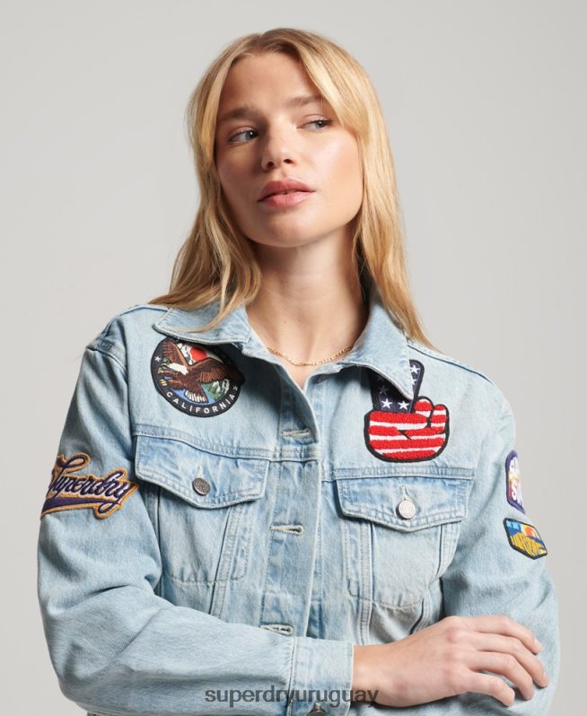 uy Superdry mujer chamarra estilo camionero con parches vintage azul claro DT2N8Z2019 ropa