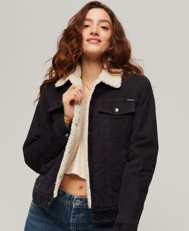 uy Superdry mujer chamarra estilo camionero de pana sherpa negro DT2N8Z3817 ropa