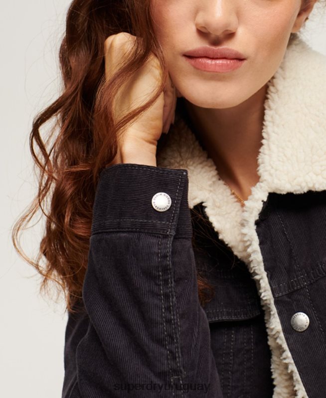 uy Superdry mujer chamarra estilo camionero de pana sherpa negro DT2N8Z3817 ropa