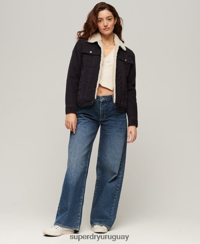 uy Superdry mujer chamarra estilo camionero de pana sherpa negro DT2N8Z3817 ropa