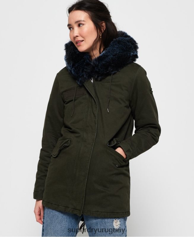 uy Superdry mujer chamarra parka de piel sintética de color halcón caqui DT2N8Z3862 ropa