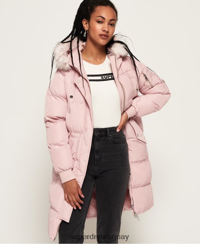uy Superdry mujer chaqueta acolchada larga de lujo rosa DT2N8Z3848 ropa