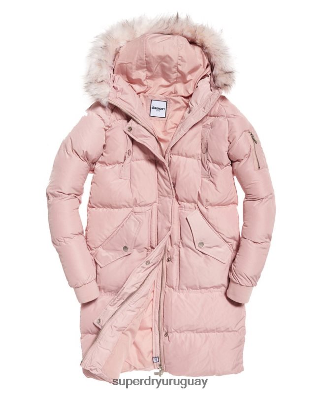 uy Superdry mujer chaqueta acolchada larga de lujo rosa DT2N8Z3848 ropa