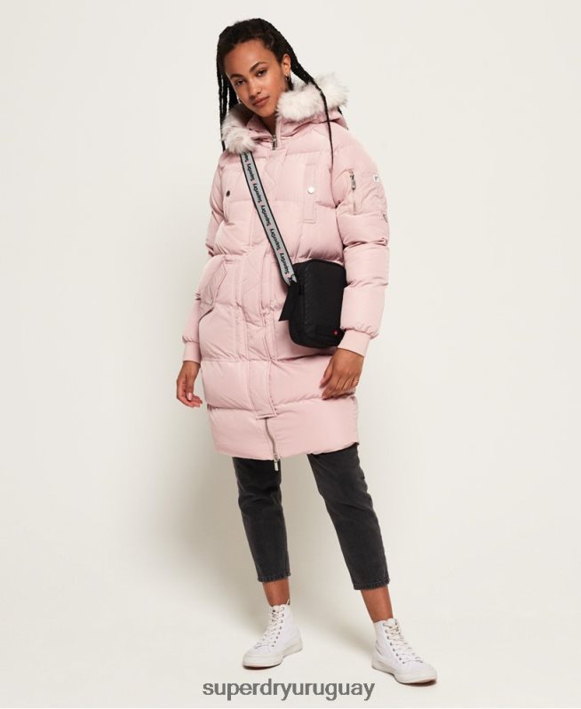 uy Superdry mujer chaqueta acolchada larga de lujo rosa DT2N8Z3848 ropa