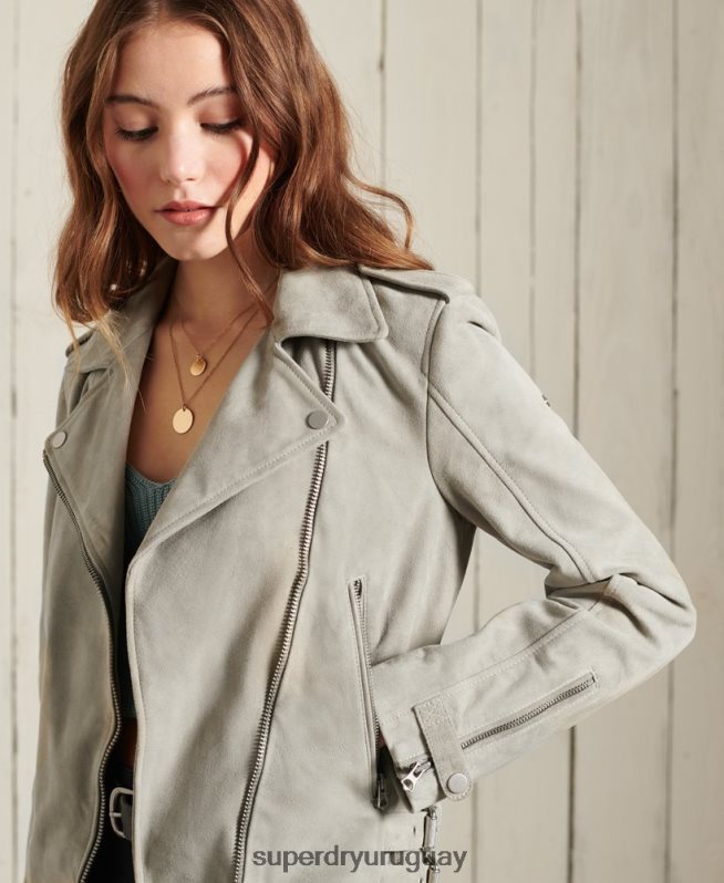 uy Superdry mujer chaqueta biker de ante clásica crema DT2N8Z5668 ropa