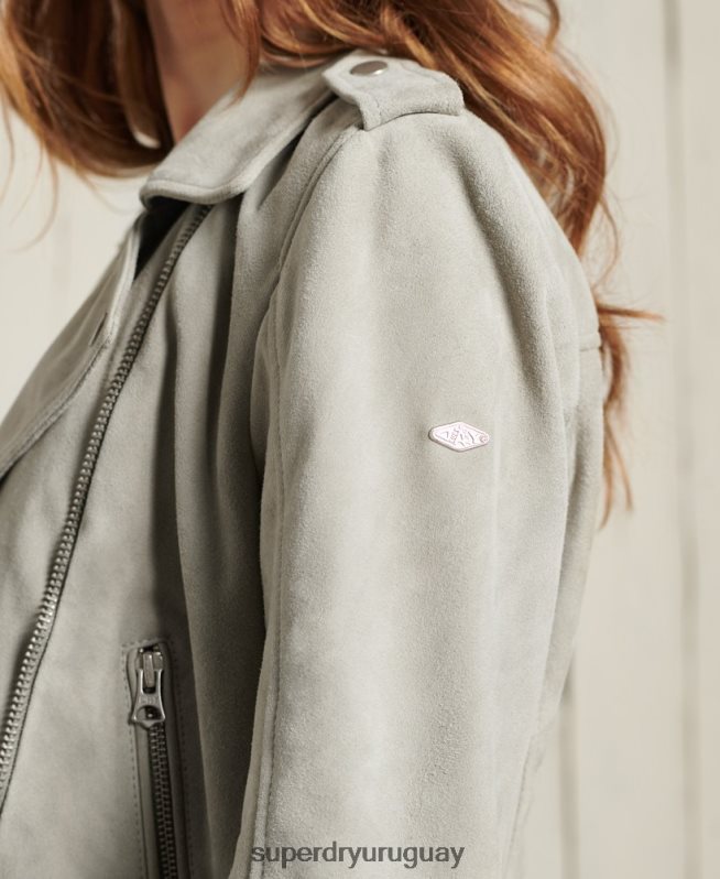 uy Superdry mujer chaqueta biker de ante clásica crema DT2N8Z5668 ropa