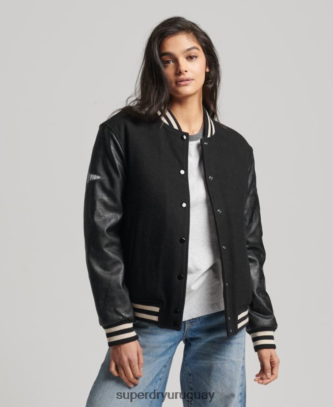 uy Superdry mujer chaqueta bomber del equipo universitario gris oscuro DT2N8Z5409 ropa