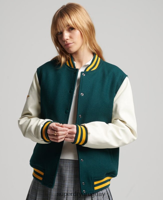 uy Superdry mujer chaqueta bomber del equipo universitario verde DT2N8Z5636 ropa