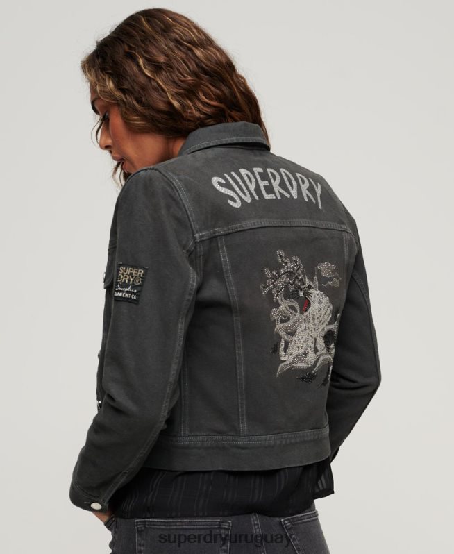 uy Superdry mujer chaqueta corta de ropa de trabajo de st tropez gris oscuro DT2N8Z2004 ropa