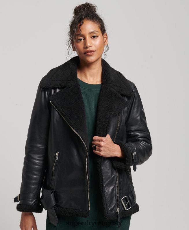 uy Superdry mujer chaqueta de aviador de cuero de estudios negro DT2N8Z3569 ropa