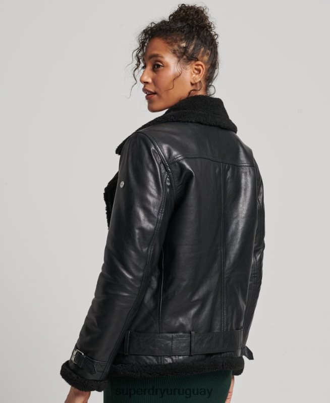uy Superdry mujer chaqueta de aviador de cuero de estudios negro DT2N8Z3569 ropa
