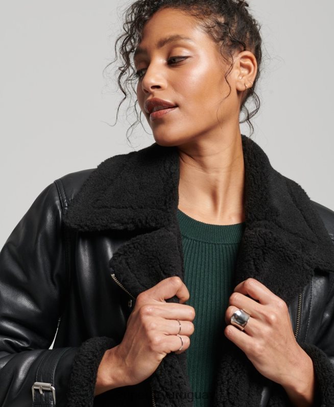 uy Superdry mujer chaqueta de aviador de cuero de estudios negro DT2N8Z3569 ropa