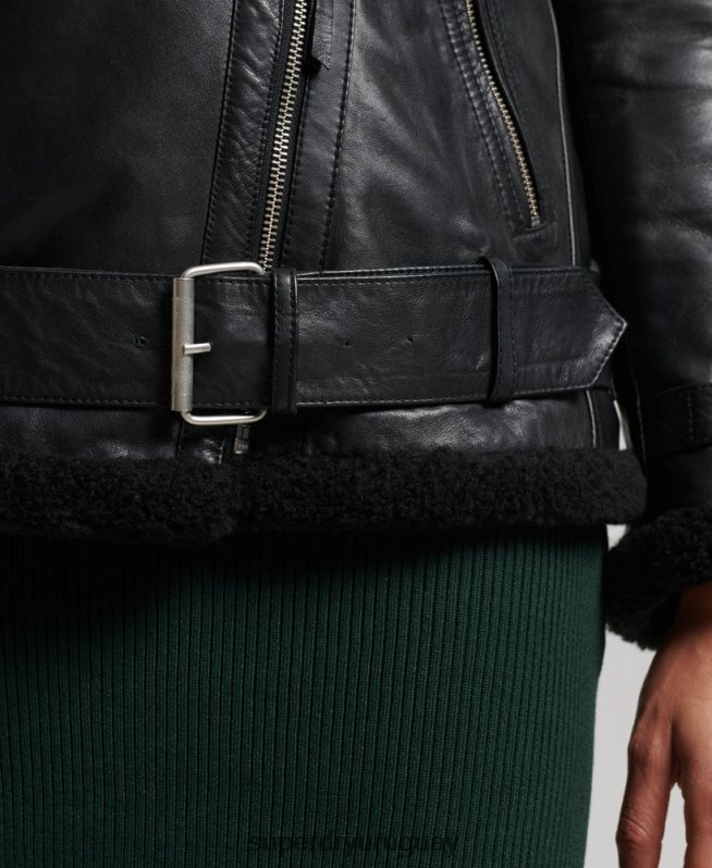 uy Superdry mujer chaqueta de aviador de cuero de estudios negro DT2N8Z3569 ropa