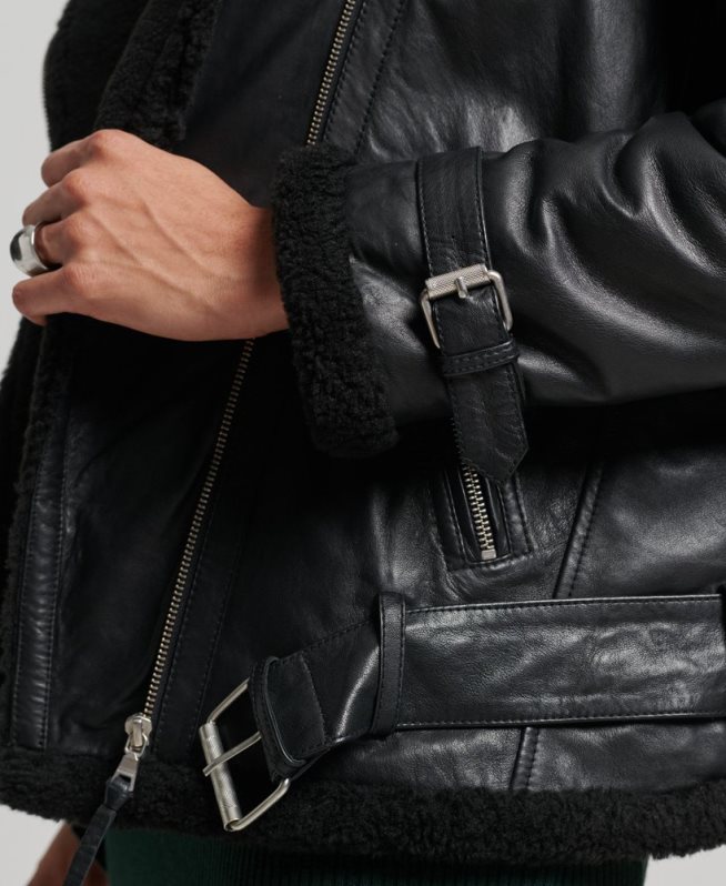 uy Superdry mujer chaqueta de aviador de cuero de estudios negro DT2N8Z3569 ropa
